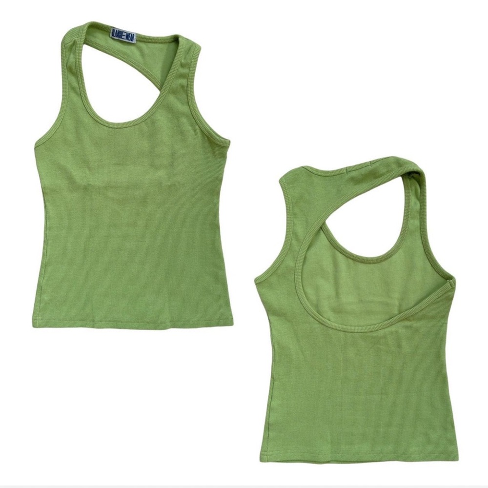Athletic Asymmetrical Open Back Tank Top in Green size Small S